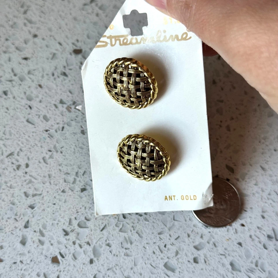 2 1980s Vintage Streamline Antique Gold Domed Lattice Shank Buttons On Card 7/8" - Image 3 of 4