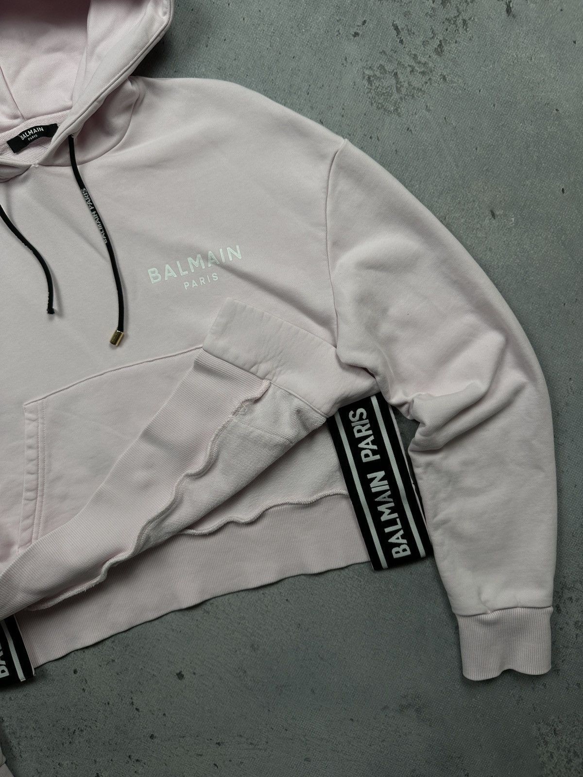 Balmain Paris Flocked Cropped Hoodie Lux With Logo Tape Trim