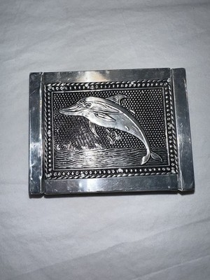 Dolphin Keepsake Jewelry Box Metallic Silver Outside With Purple Felt Inside Box