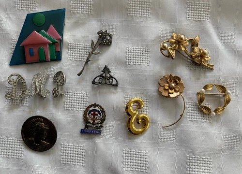 vintage costume jewelry ladies pins brooches  12 pieces