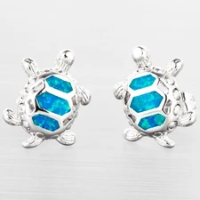Sea Turtle Ocean Blue Fire Opal Small Silver Jewelry Stud Earrings