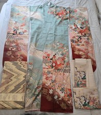 Vintage Silk Japanese Furisode Kimono 2 Embroidered Obi Belts, Authentic