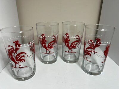 RED ROOSTER WHITE DOTS Water Glass Set of 4 Vintage Unmarked 4.75'' tall