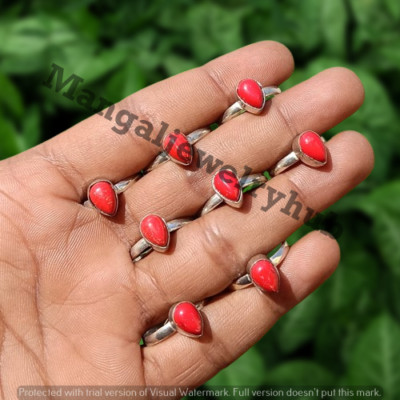 Wow Red Coral Gemstone 5PCS Small Rings 925 Silver Plated Wholesale Jewelry Lot