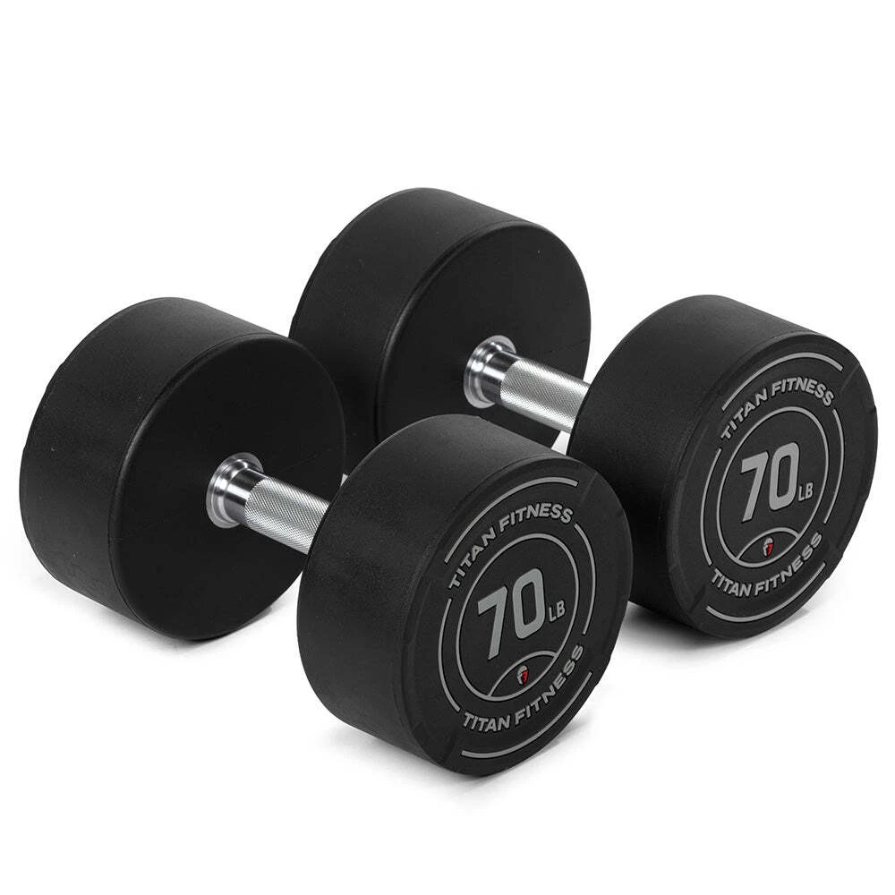 Titan Fitness 70 LB Set Round Urethane Dumbbells, 33mm Medium Volcano Knurling
Opens in a new window