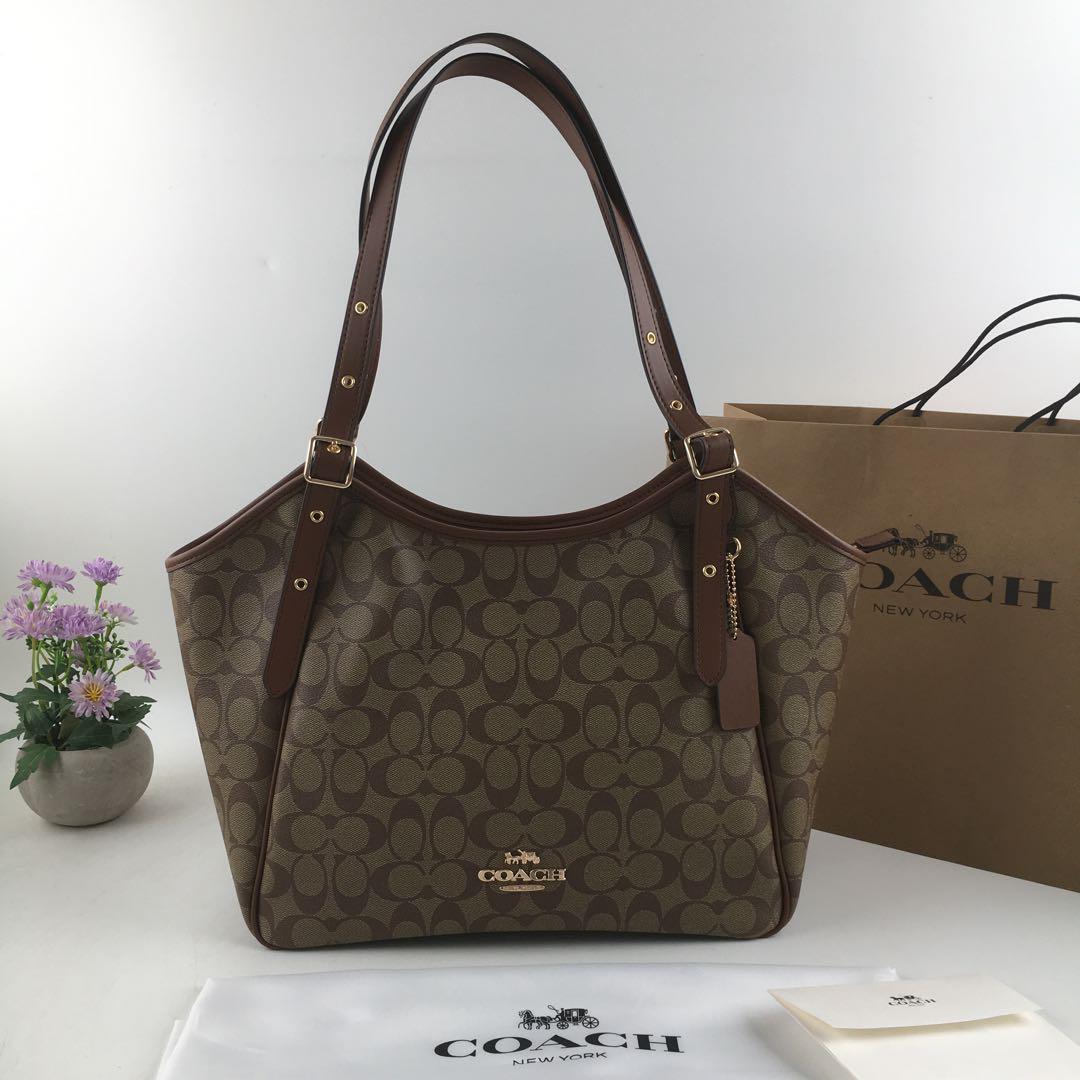 Coach Meadow Signature Coated Canvas Shoulder Tote CM076 Women New Outlet