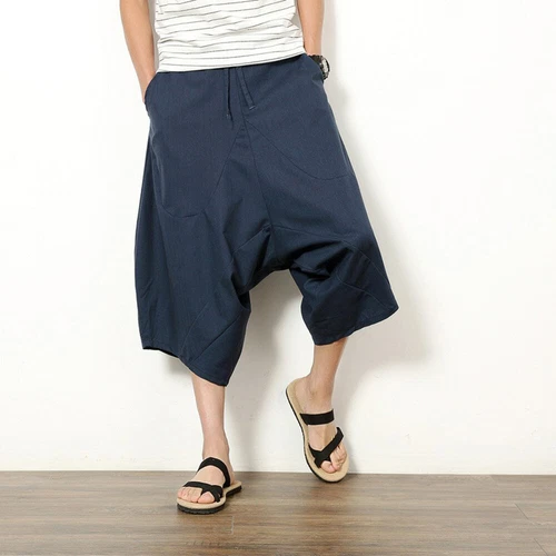 Men Linen Capri Wide Leg Pants Shorts Drop Crotch Harem Trousers Crop Loose - Bild 17 von 23