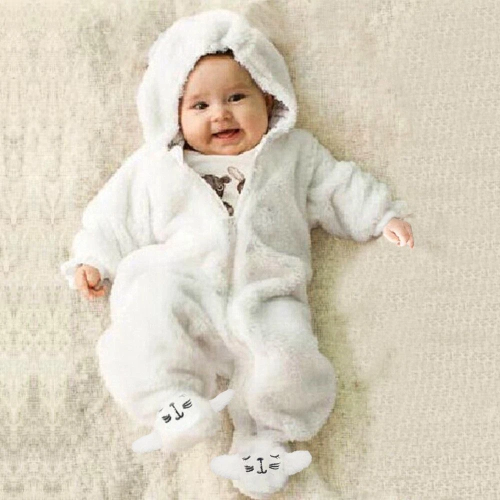 Cartoon White Coral Fleece Clothes Infant Baby Jumpsuit .Pieces