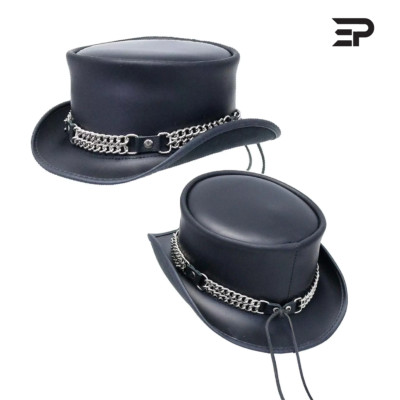Black Leather Skulls Chain Top Hat Steampunk Leather Hat Gothic Hat Top Hat