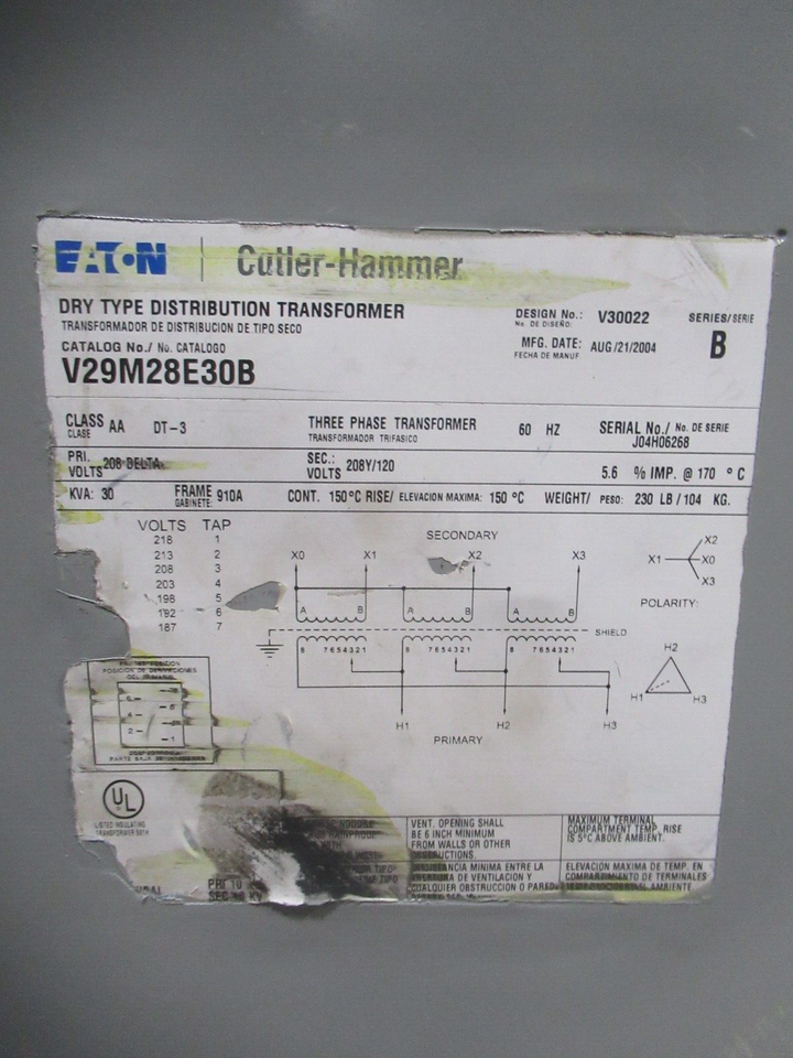 Cutler Hammer 30KVA Transformer 208X120/208 Volt 3PH V29M28E30B T249 ...