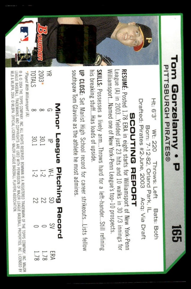 2004 Bowman #165 Tom Gorzelanny Autographs - Image 2 of 2