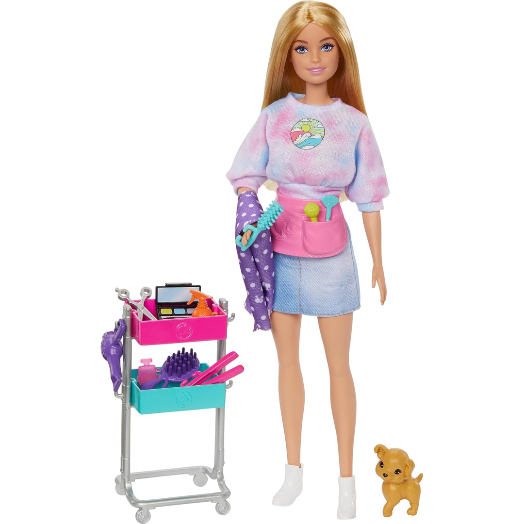 Barbie Malibu Pet Stylist Doll & 14 Accessories Playset  with Puppy & Cart