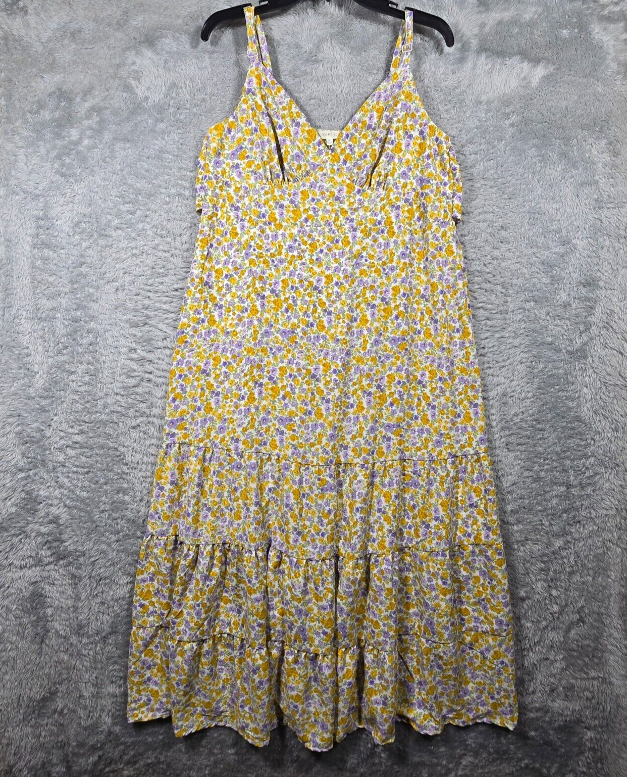 Floral Sundress Womens 1X Plus Yellow Purple Smocked Tiered Adjustable Straps-image