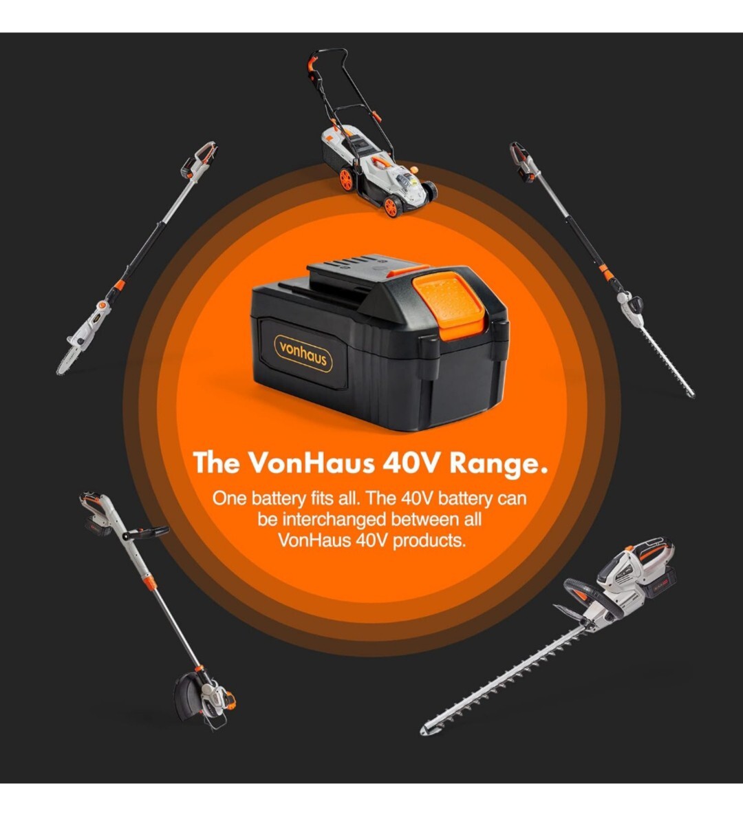 VonHaus Cordless Hedge Trimmer 40V Electric Hedge Cutter + Battery and