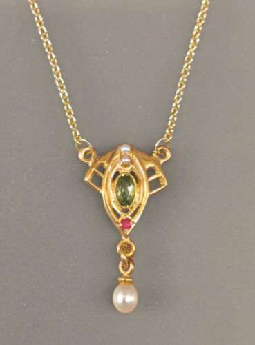 9906062 Plata 925 925 Oro Art Nouveau Collar Peridoto Rubí Perla  - Imagen 1 de 3