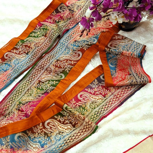 Vintage Multi Sari Border Woven Banarasi 1yd Trim Craft Sewing Recycled Decor - Picture 2 of 12