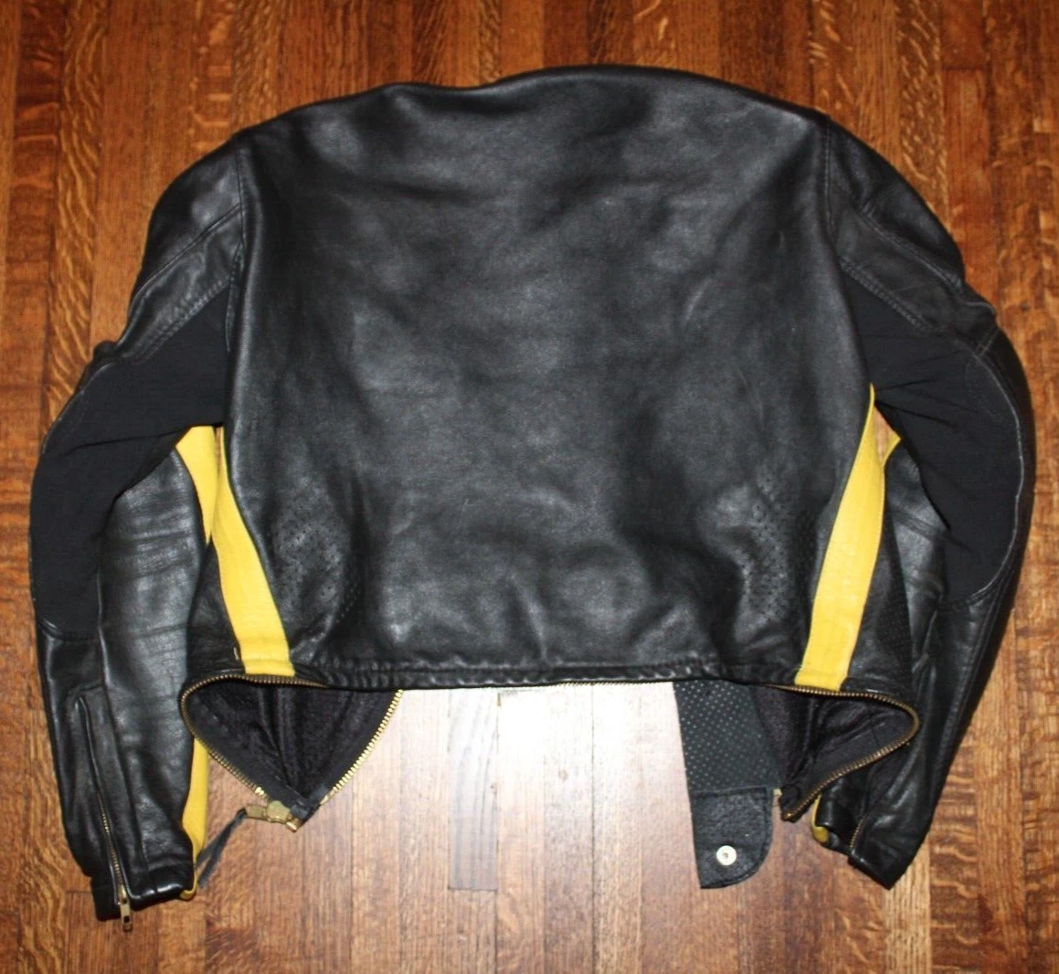 VTG BATES Custom Black Yellow Leather Striped Armored Motorcycle Jacket S-M