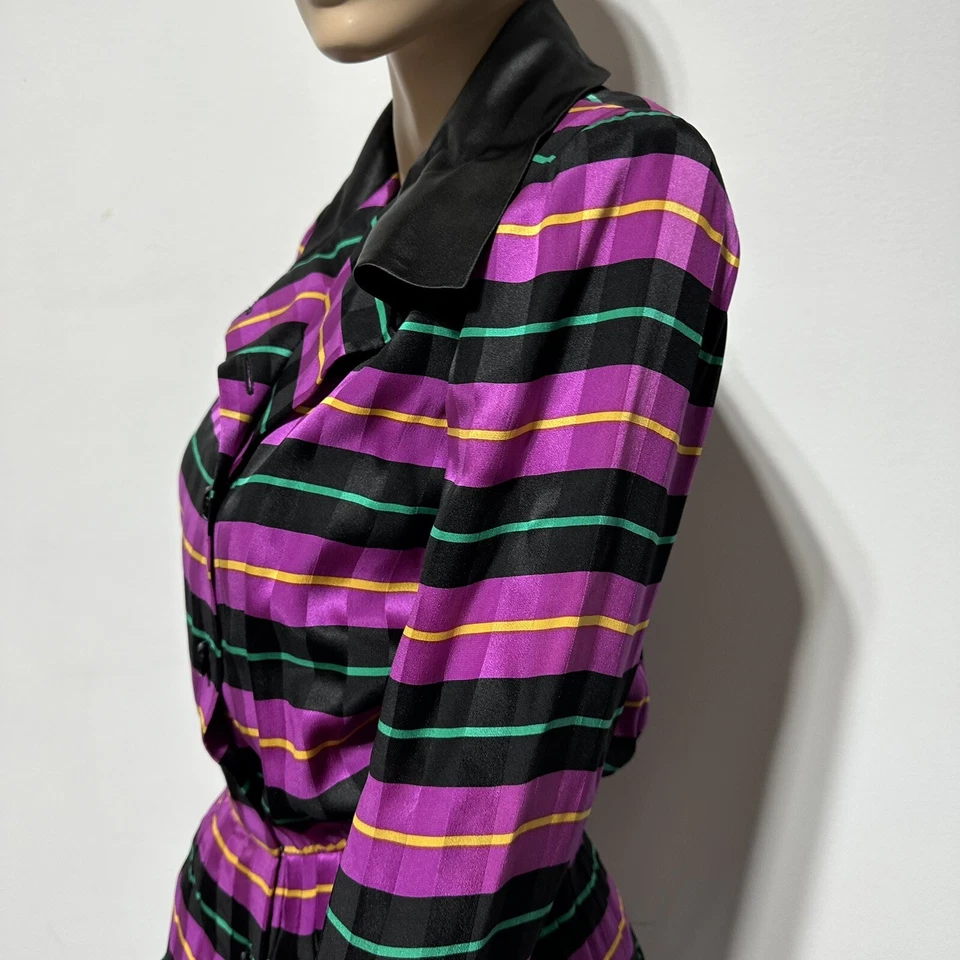 Vestido Camisa Vintage Oscar de la Renta 100% Seda Rayas Botón Plisado Talla 6 Foto 4 de 4