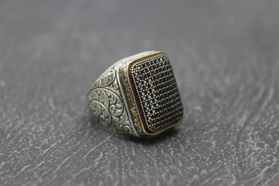 Anillo Grabado, Azul Marino Micro Circones Sólido Plata de Ley 925 Anillo Para Hombre Foto 4 de 4