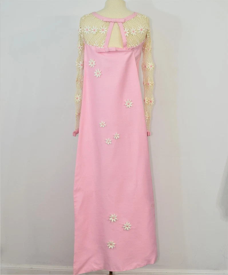 60s Maxi Fish Net Train Evening Gown Prom Dress Barbie Pink Handmade Vintage XS - Image 2 of 4