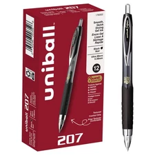 uniball 207 Retractable Gel Pens, Ultra Micro Point (0.38mm), Black, 12 Pack