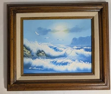 Vintage Canvas Painting Seascape Crashing Waves Signed By Artist 