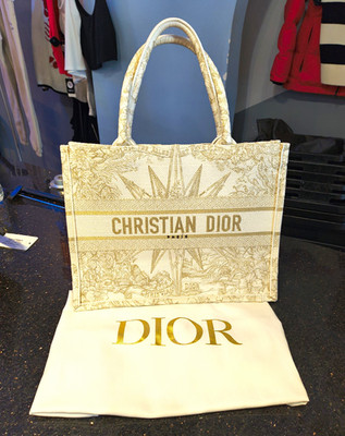 Dior Book Tote Small Beige/Gold Toile Embroidered Logo Tote Bag w/ Dust Bag