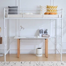 Metal Loft Bed Frame Full Size Heavy-duty Steel Slats Support Loft Bed White