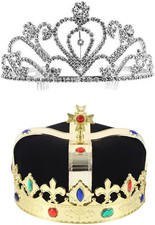 2 Pcs Royal Jeweled King's Crown and Queen's Crown For Wedding, Birthday, Pro...