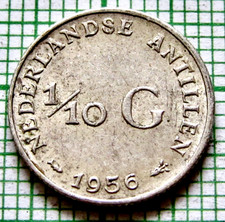 NETHERLANDS ANTILLES JULIANA 1956 1/10 GULDEN 10 CENTS, SMALL 0.640 SILVER