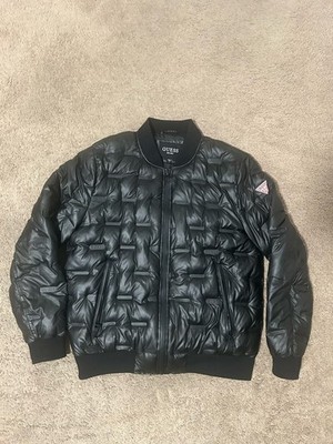 Read GUESS Men's Black Stamp Quilted Puffer Coat Full Zip Bomber Jacket Size L