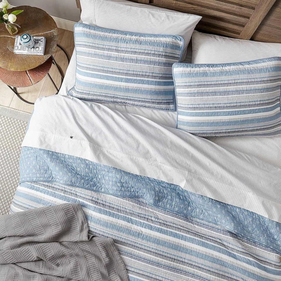 Juego de edredón Nautica ropa de cama de algodón para todas las estaciones Queen Jettison gris/azul/blanco Foto 3 de 4