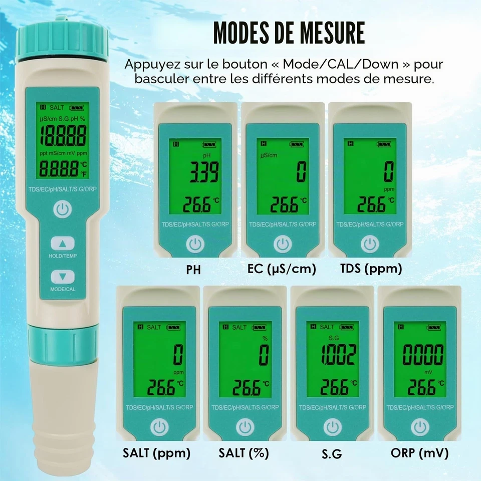 Testeur d'eau numérique 7 en 1 avec mesure du pH, TDS, EC, ORP, sel, S.G et d... - Photo 3/4