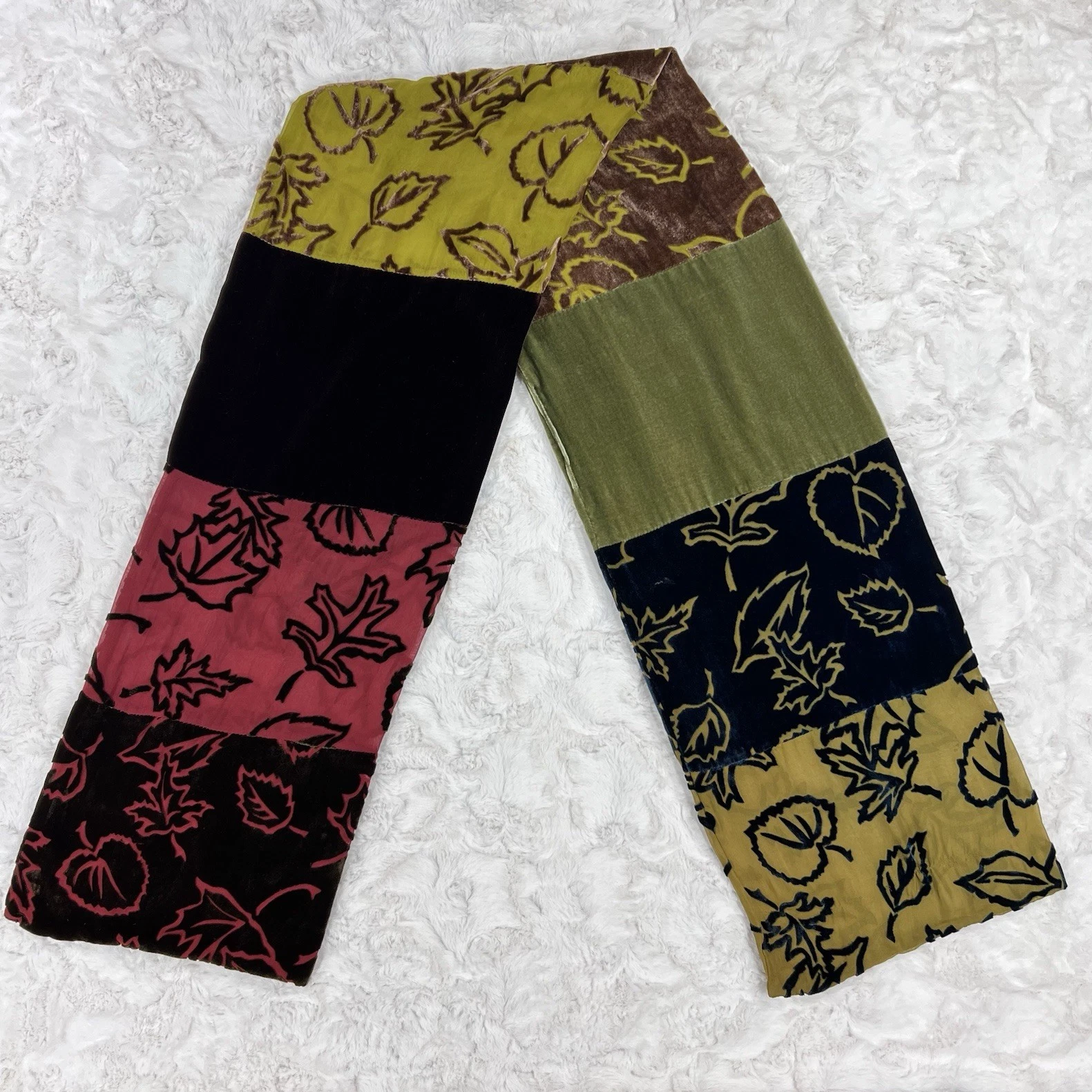 Nick & Nora Burnout Velvet Silk Blend Scarf Womens Multicolor Fall Leaves Boho