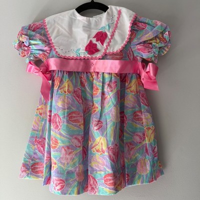 Vintage Unbranded Tulip Print Dress Girls 4T Multicolor Good Floral Peter Pan