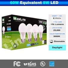 Maxlite 60W Equivalent 8W LED Light Bulb Daylight 5000K A19 Dimmable