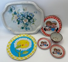 Vintage Tin/Aluminum Tea Set Lot - Raggedy Ann And Andy, Flowers, Yellow Plaid