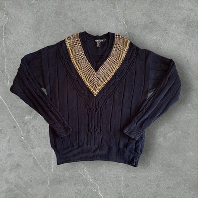 Nautica V-Neck Strickpullover Herren L   Navy Gold Vintage Design   NP ca. 120 