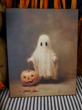 GOTHIC FOLK  ART PRIMITIVE VINTAGE STYLE HALLOWEEN GHOST WITH PUMPKIN SIGN SIGN