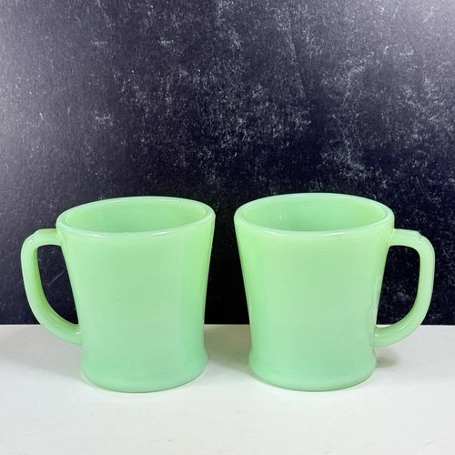 2 Vintage 1948-50 Jadeite Fire King Mugs D Handle Coffee Tea Cup Oven Ware
