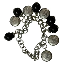 Black Bead Silver Tone Medallion Charm Bracelet Boho