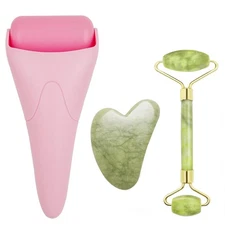 **3 in1 Jade Face Ice Roller & Gua Sha Tool Natural Anti-Wrinkle Massager Pink**