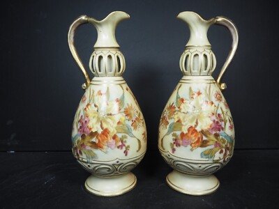 Atemberaubendes antikes? Vintage Paar handbemalte Krüge Rouge Elfenbein Ware ANSEHEN LOHNT