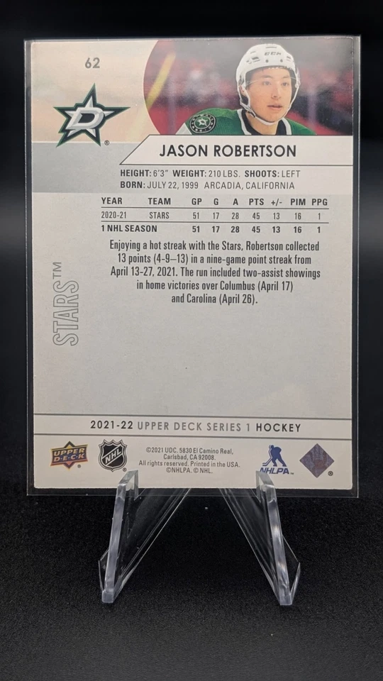 JASON ROBERTSON – 2021-22 UPPER DECK SERIES 1 – DALLAS STARS #62 Fresh Pull - M - Image 2 of 2