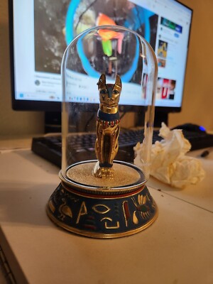 The Franklin Mint Egyptian The Sacred Bast Cat with Glass Dome Gold God statue