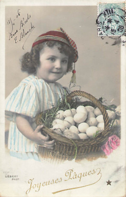 CP PAQUES ENFANT BONNET PANIER OEUFS - LIEBERT - 6648