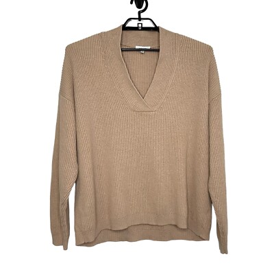 Haven Well Within Cashmere Cotton Blend V-neck Sweater XXL Tan Ribbed Knit Boxy