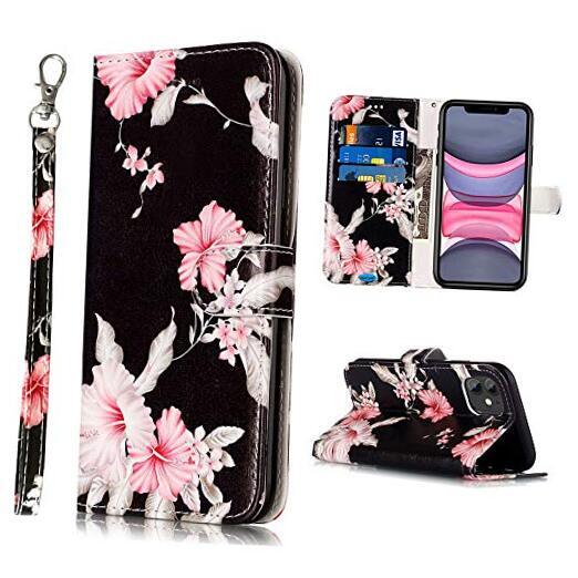 Compatible with iPhone 11 Wallet Case, Floral Pattern Premium PU Black/Flower