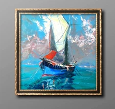 ORIGINAL Oil Painting On CANVAS Sailboat Seascape Impasto Textured Boat
