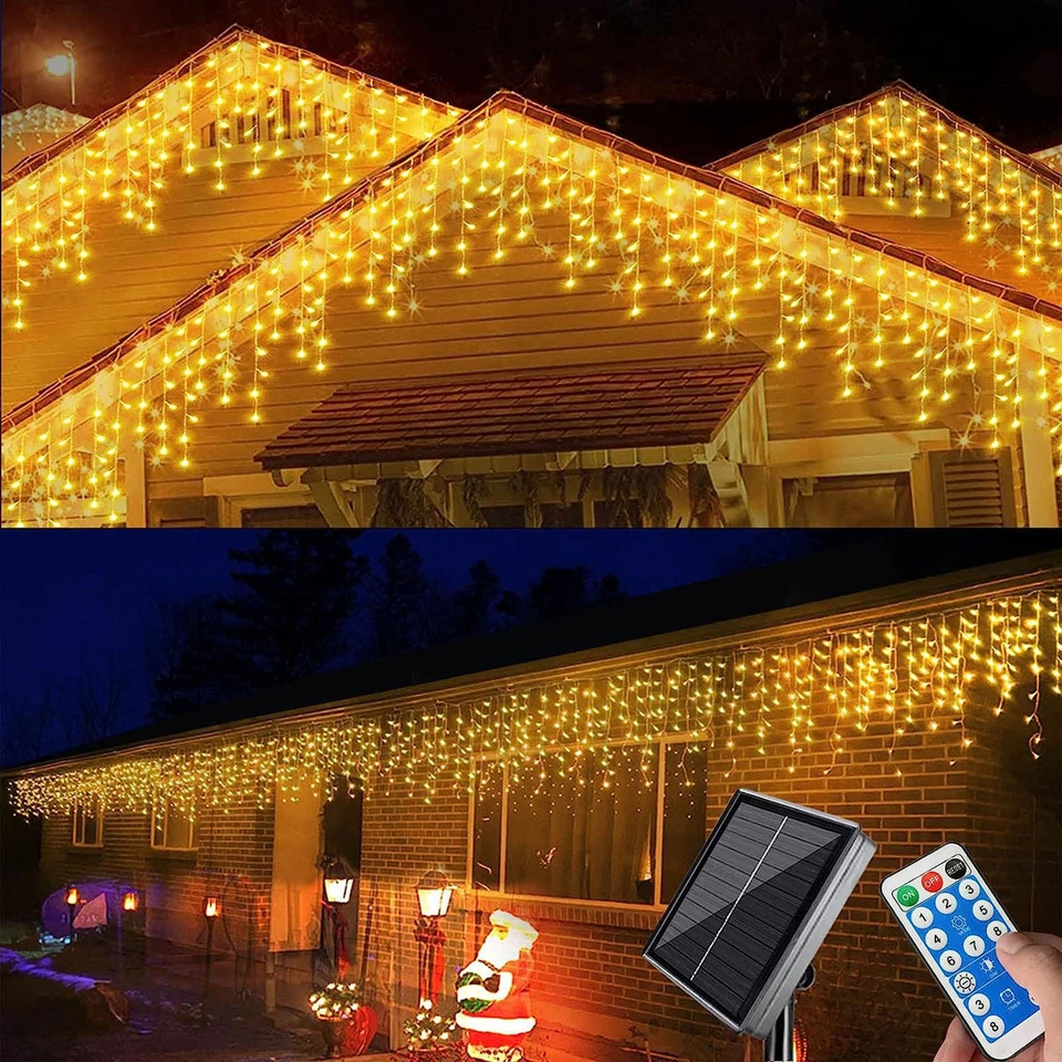 10M LED Solar Icicle String Light Waterproof Curtain Light Yard Christmas Decor